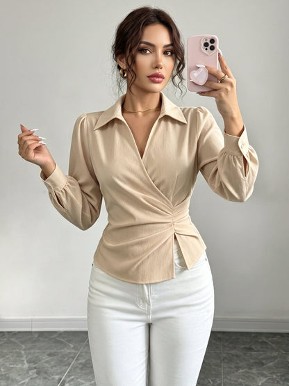 V Neck Puff Sleeves Ruched Cinched Waist Blouse