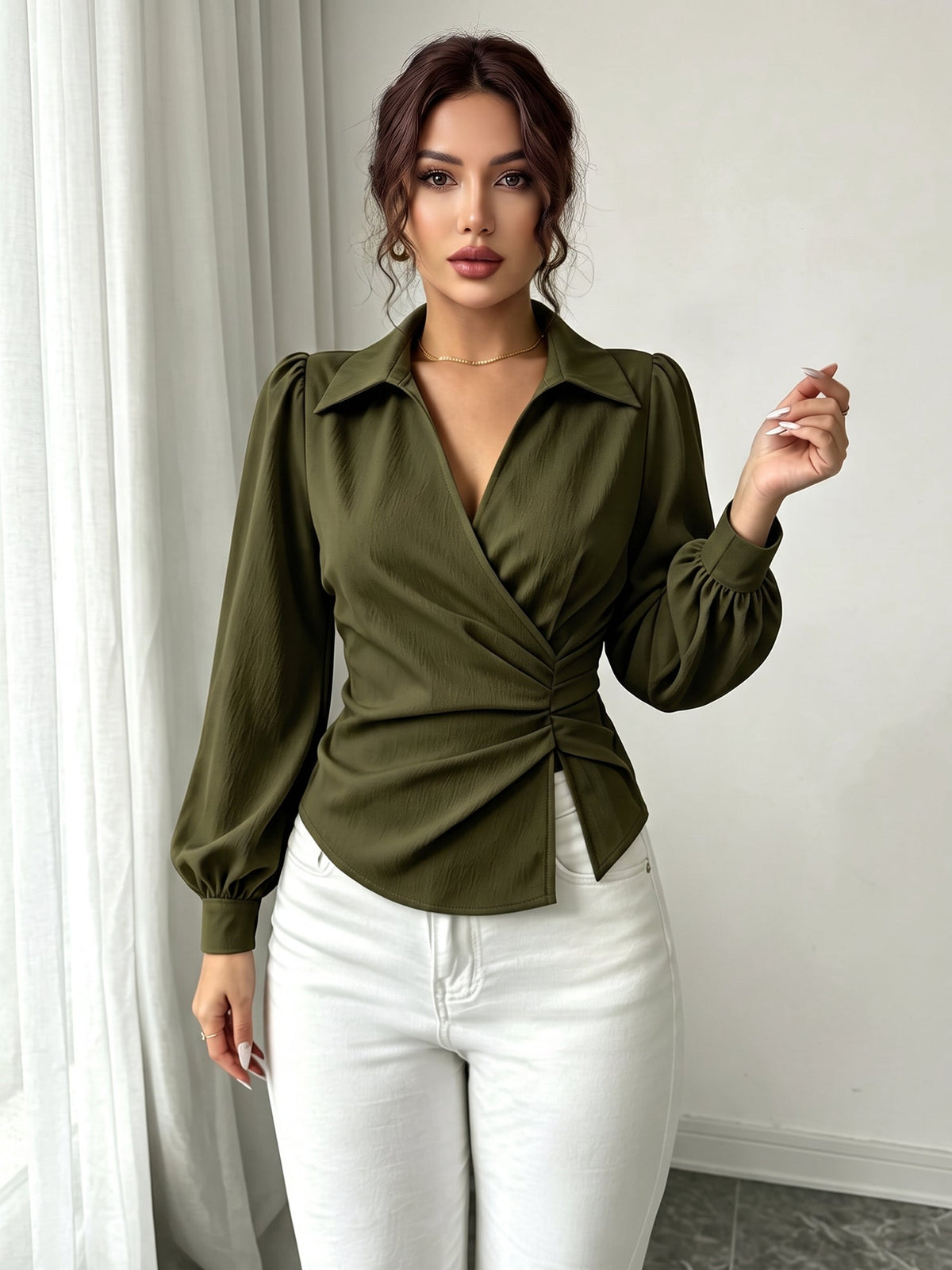 V Neck Puff Sleeves Ruched Cinched Waist Blouse