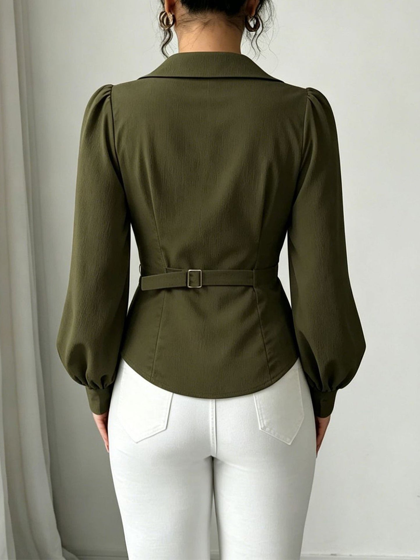 V Neck Puff Sleeves Ruched Cinched Waist Blouse