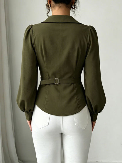V Neck Puff Sleeves Ruched Cinched Waist Blouse