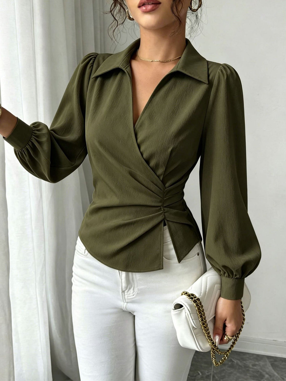 V Neck Puff Sleeves Ruched Cinched Waist Blouse