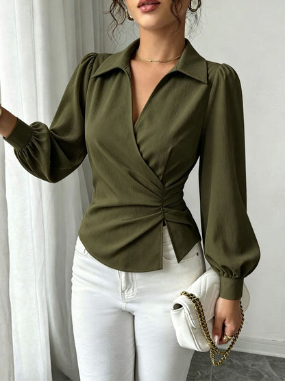 V Neck Puff Sleeves Ruched Cinched Waist Blouse