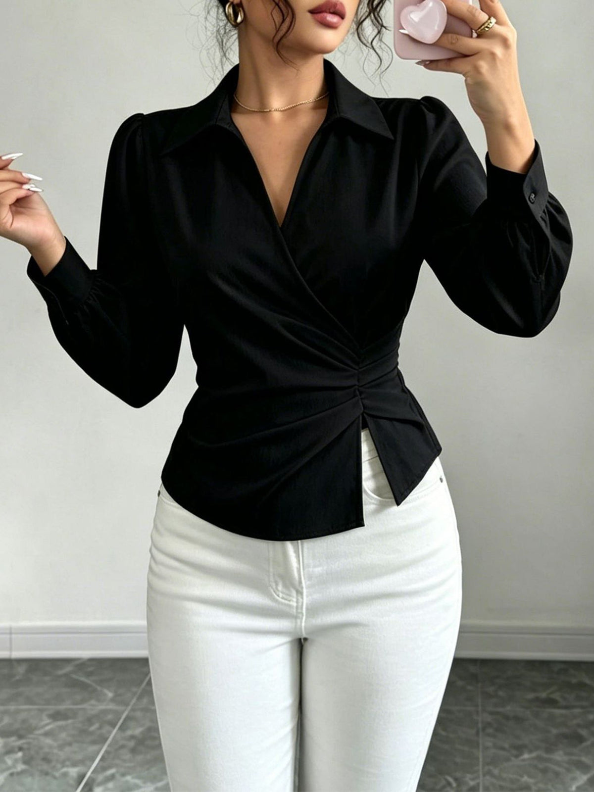 V Neck Puff Sleeves Ruched Cinched Waist Blouse