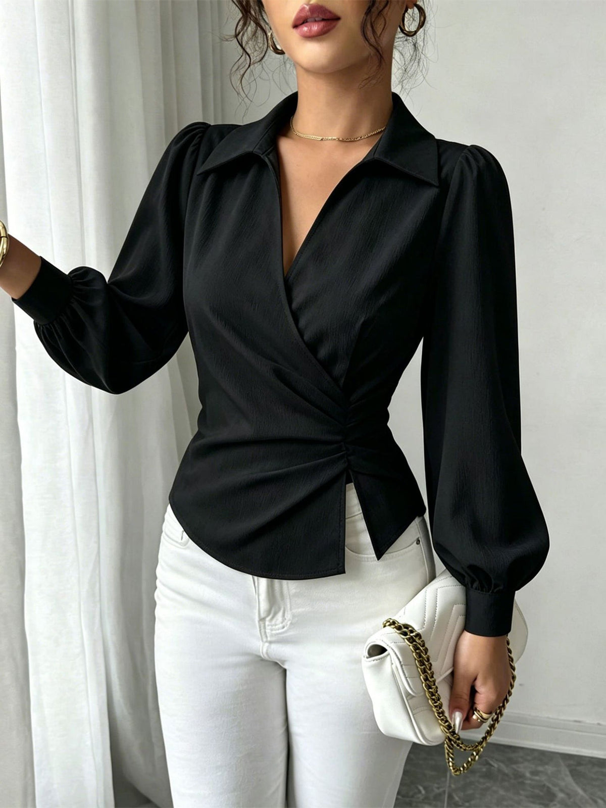 V Neck Puff Sleeves Ruched Cinched Waist Blouse
