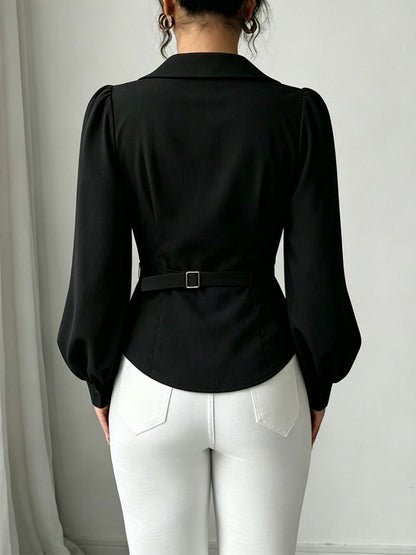 V Neck Puff Sleeves Ruched Cinched Waist Blouse