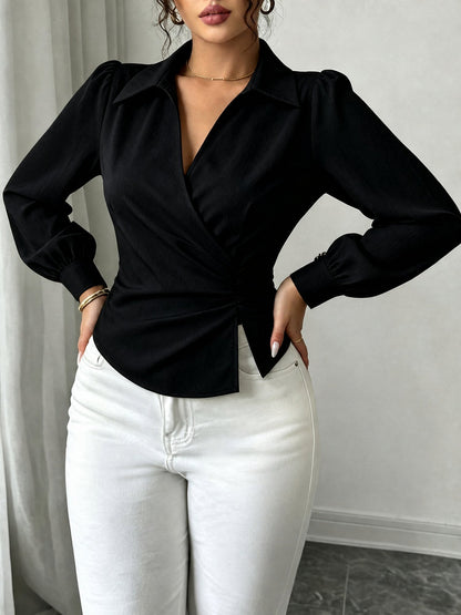V Neck Puff Sleeves Ruched Cinched Waist Blouse