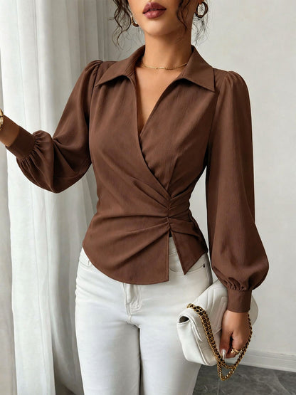 V Neck Puff Sleeves Ruched Cinched Waist Blouse