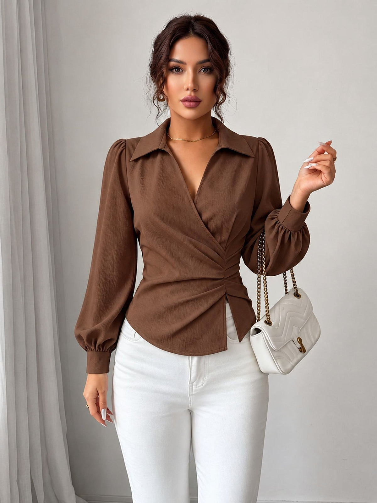 V Neck Puff Sleeves Ruched Cinched Waist Blouse