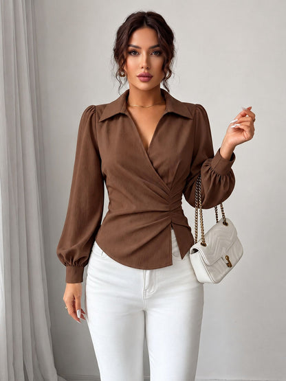 V Neck Puff Sleeves Ruched Cinched Waist Blouse