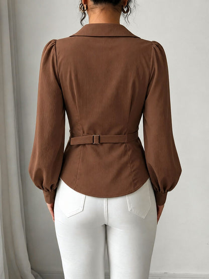 V Neck Puff Sleeves Ruched Cinched Waist Blouse