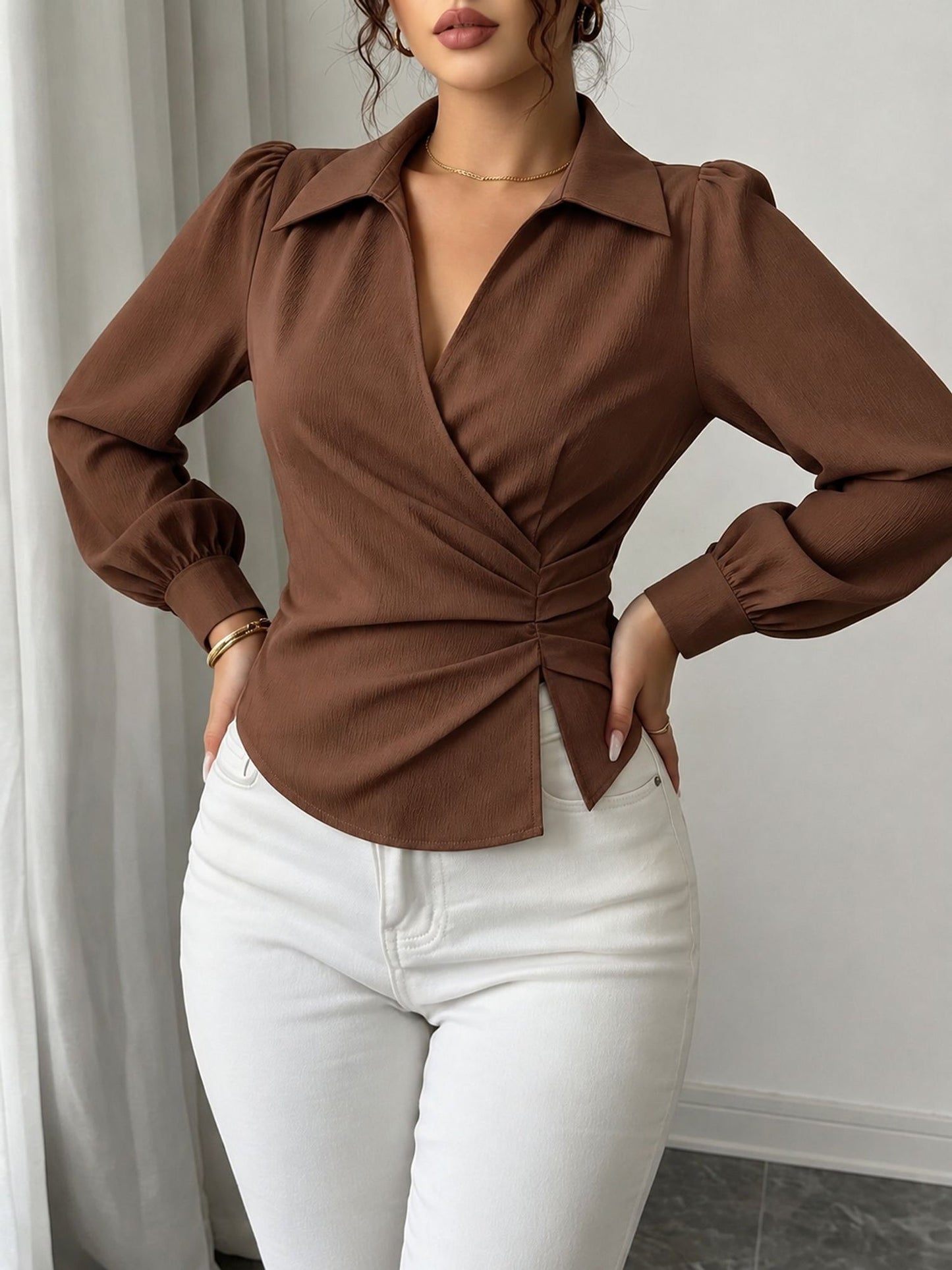 V Neck Puff Sleeves Ruched Cinched Waist Blouse
