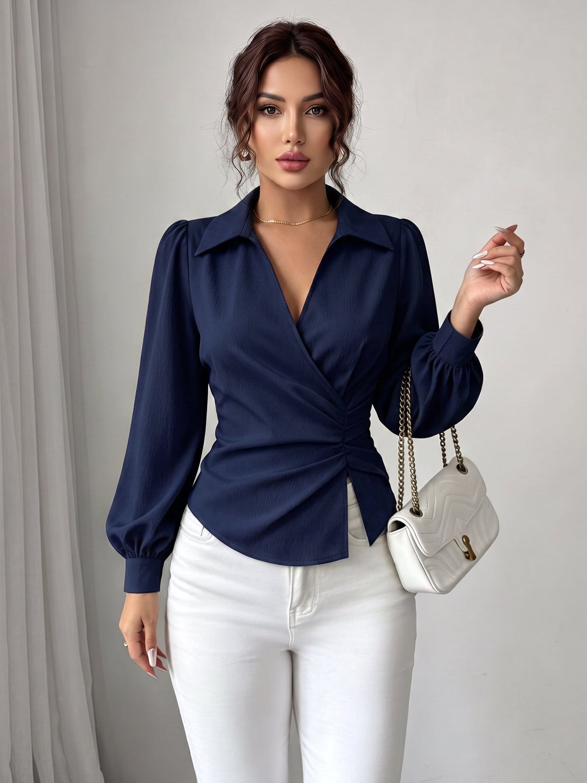 V Neck Puff Sleeves Ruched Cinched Waist Blouse