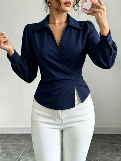 V Neck Puff Sleeves Ruched Cinched Waist Blouse