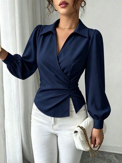 V Neck Puff Sleeves Ruched Cinched Waist Blouse