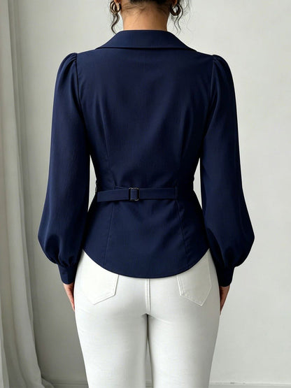 V Neck Puff Sleeves Ruched Cinched Waist Blouse