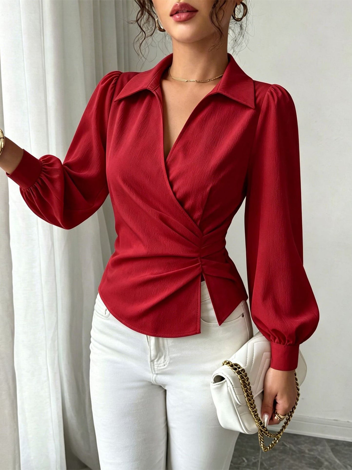 V Neck Puff Sleeves Ruched Cinched Waist Blouse