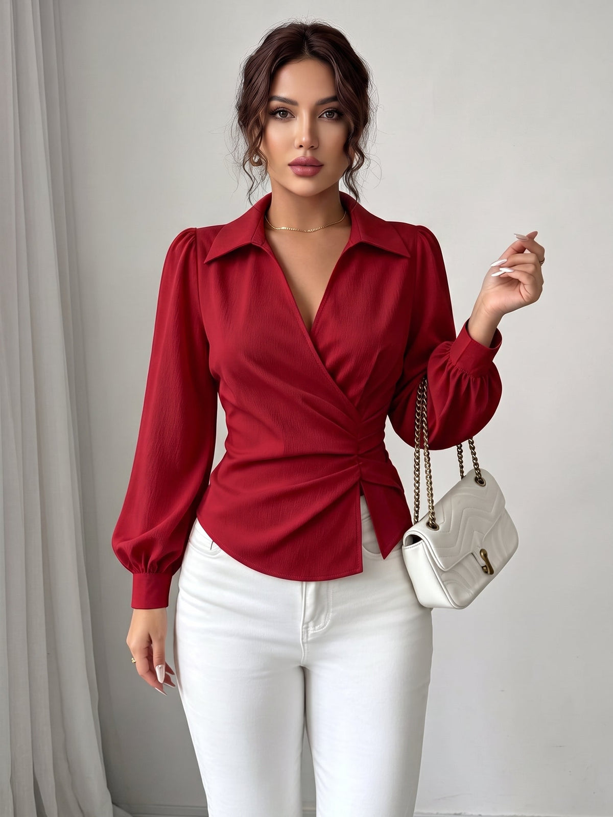V Neck Puff Sleeves Ruched Cinched Waist Blouse