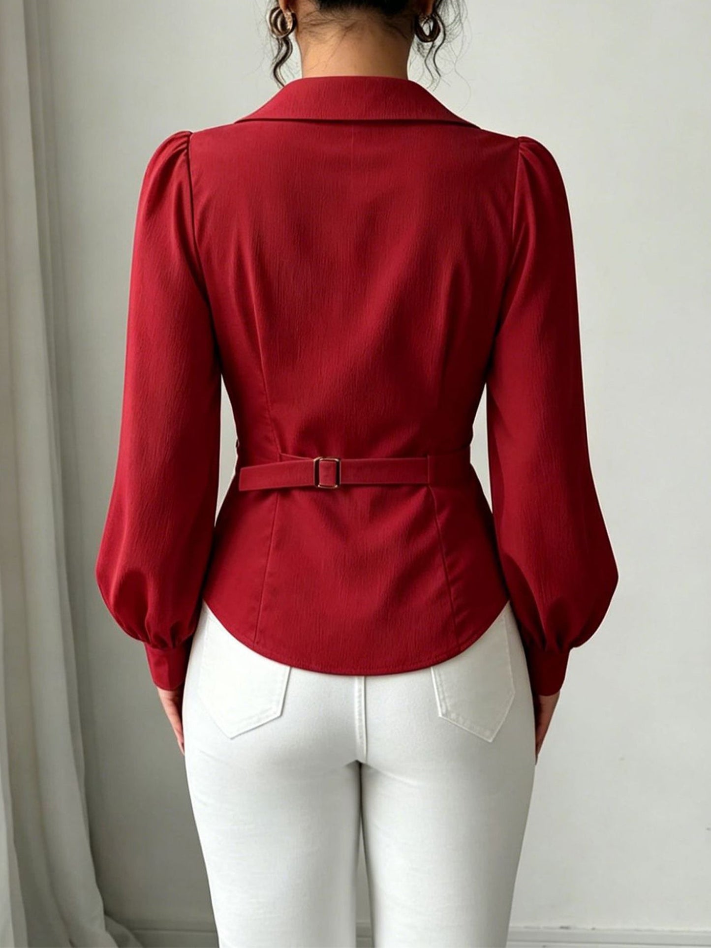 V Neck Puff Sleeves Ruched Cinched Waist Blouse