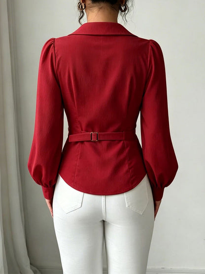 V Neck Puff Sleeves Ruched Cinched Waist Blouse