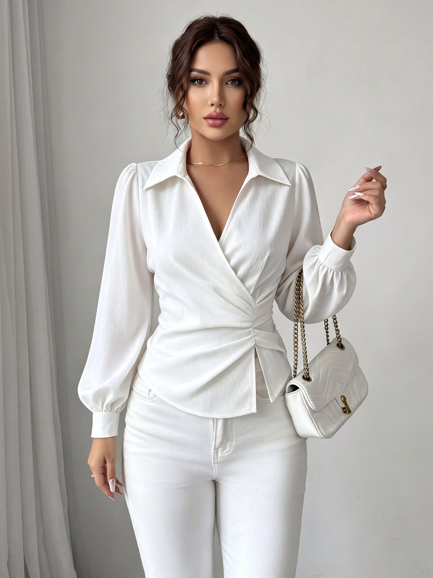 V Neck Puff Sleeves Ruched Cinched Waist Blouse