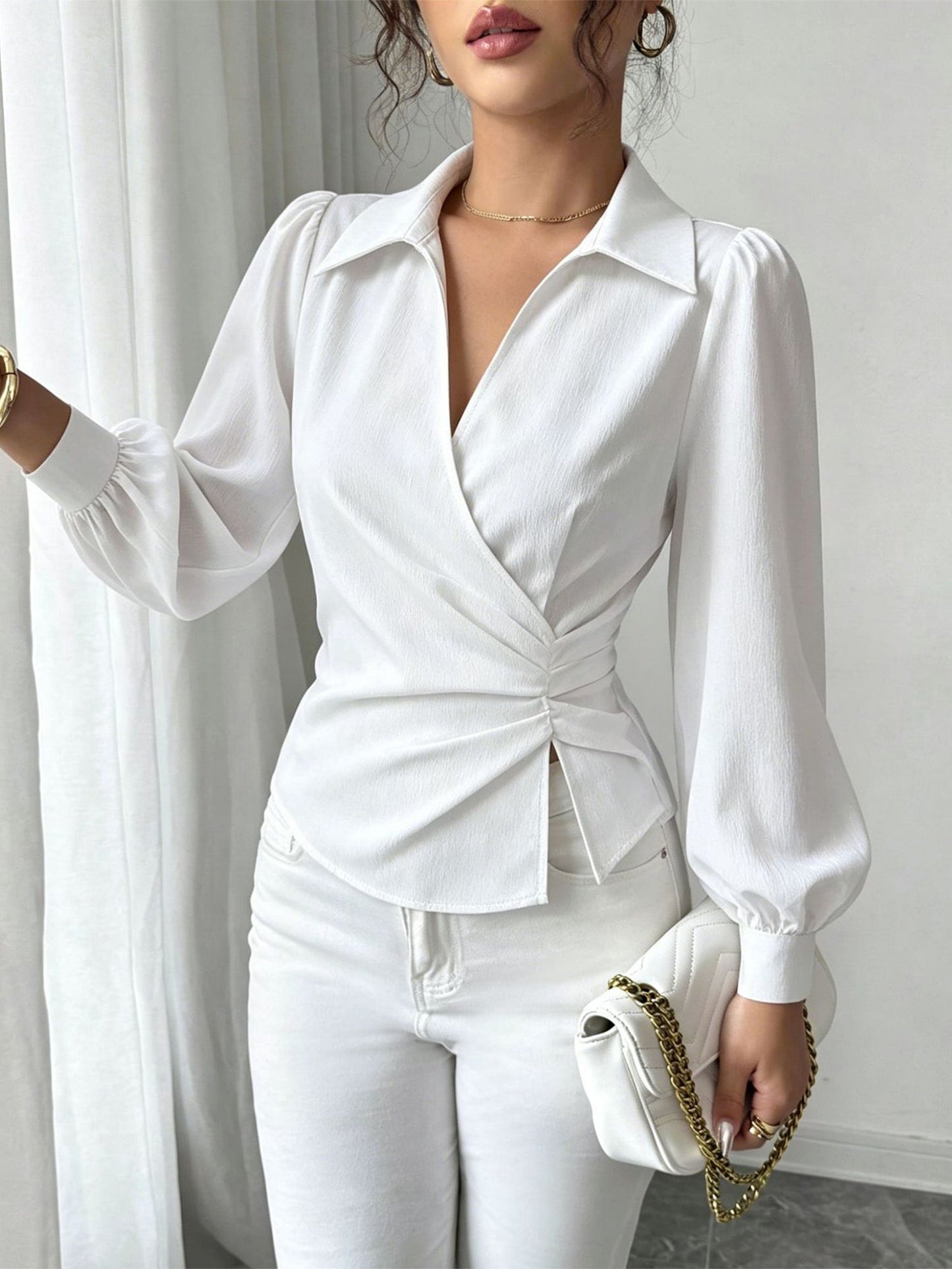 V Neck Puff Sleeves Ruched Cinched Waist Blouse