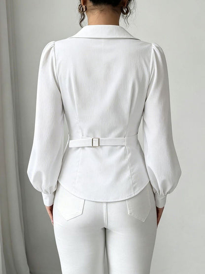 V Neck Puff Sleeves Ruched Cinched Waist Blouse