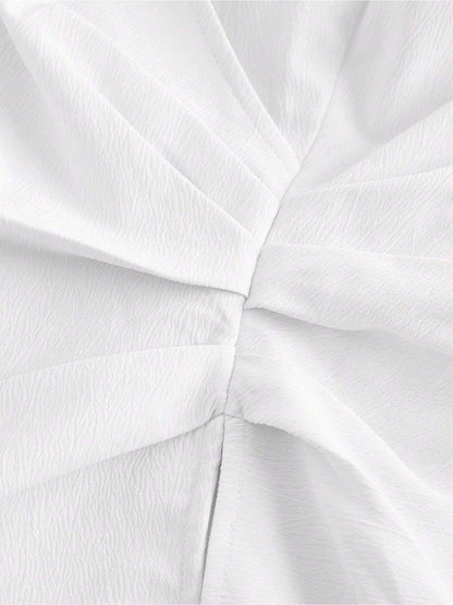 V Neck Puff Sleeves Ruched Cinched Waist Blouse