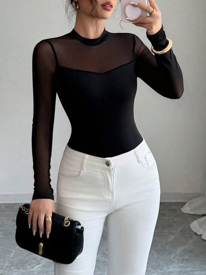 Mock Neck Mesh Sheer Long Sleeves Blouse
