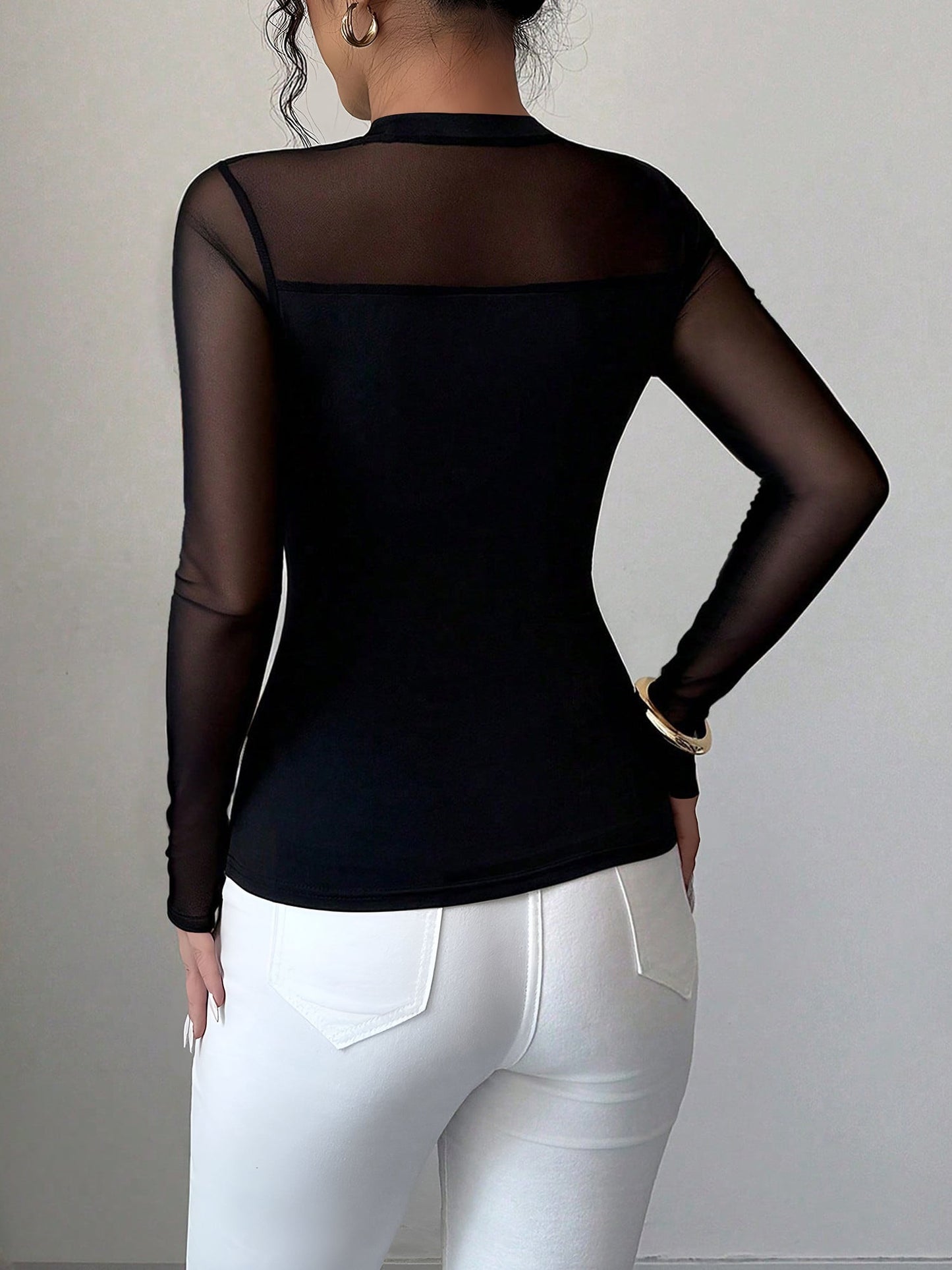 Mock Neck Mesh Sheer Long Sleeves Blouse