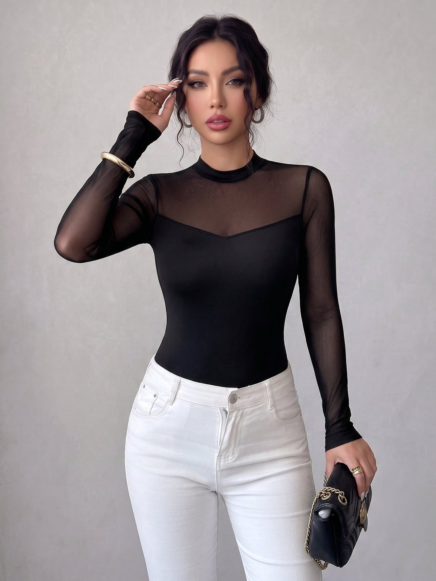 Mock Neck Mesh Sheer Long Sleeves Blouse