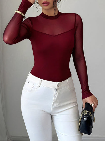 Mock Neck Mesh Sheer Long Sleeves Blouse