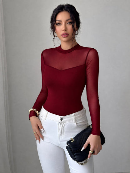 Mock Neck Mesh Sheer Long Sleeves Blouse