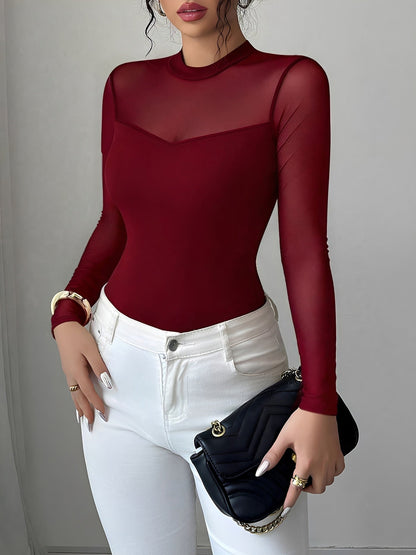 Mock Neck Mesh Sheer Long Sleeves Blouse
