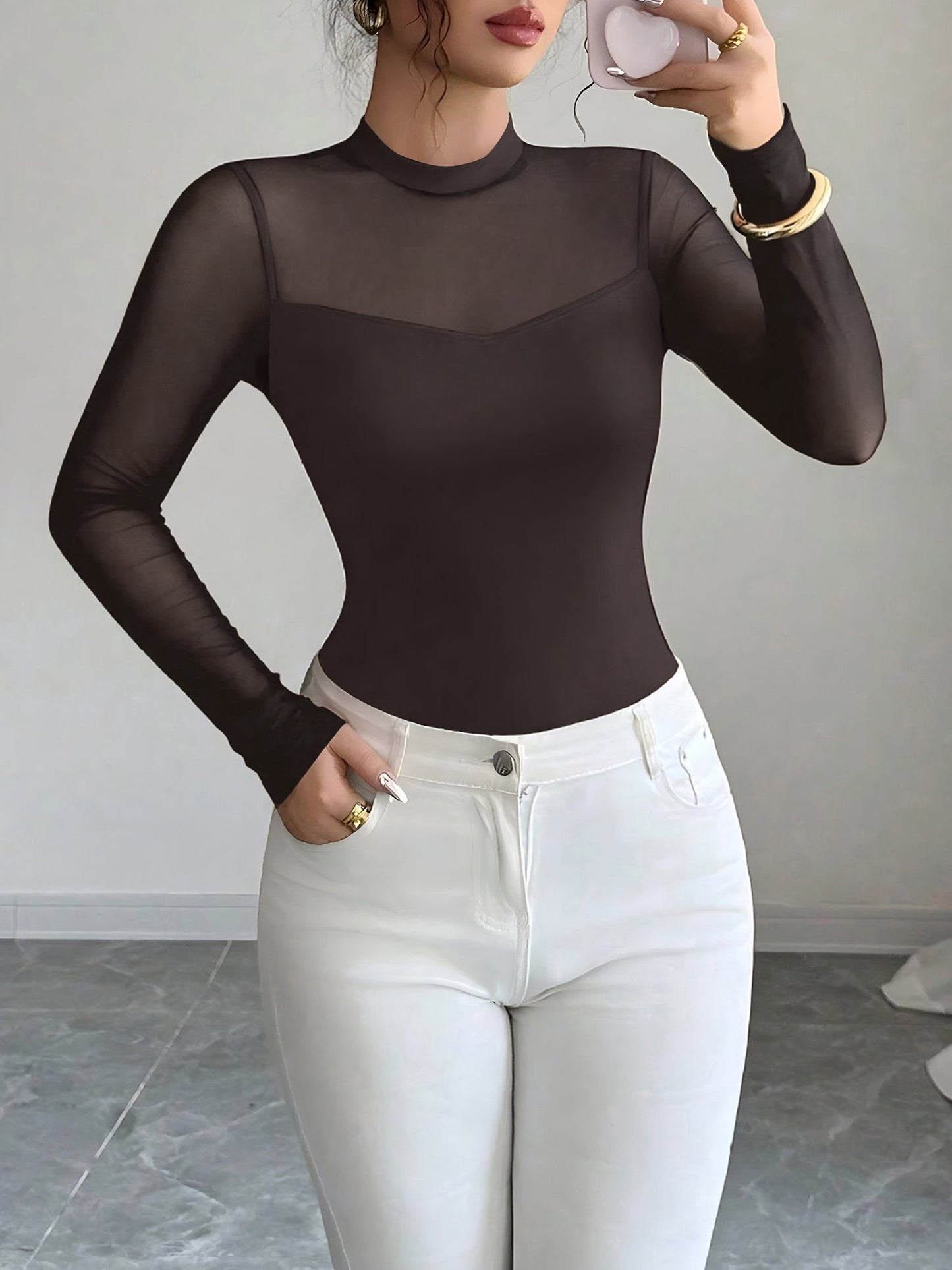 Mock Neck Mesh Sheer Long Sleeves Blouse