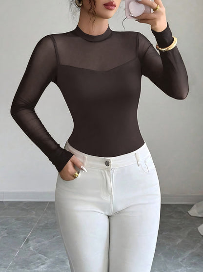 Mock Neck Mesh Sheer Long Sleeves Blouse