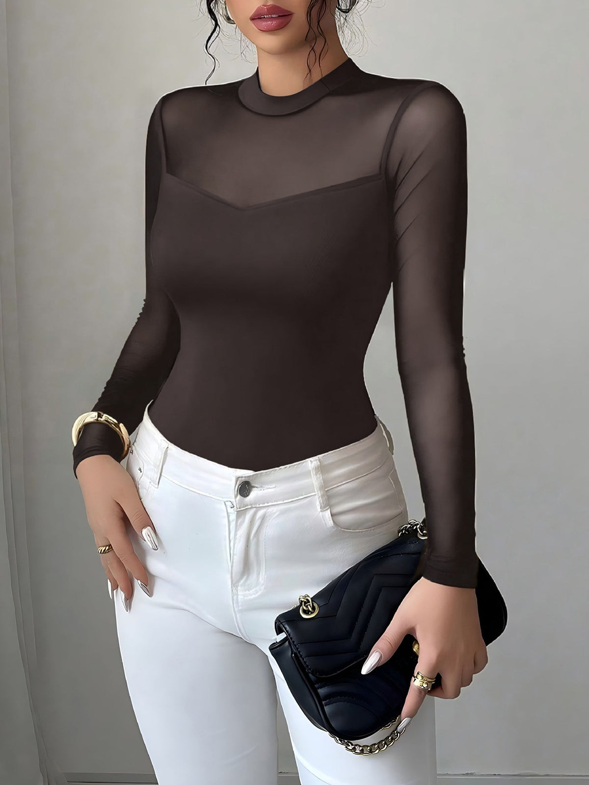 Mock Neck Mesh Sheer Long Sleeves Blouse
