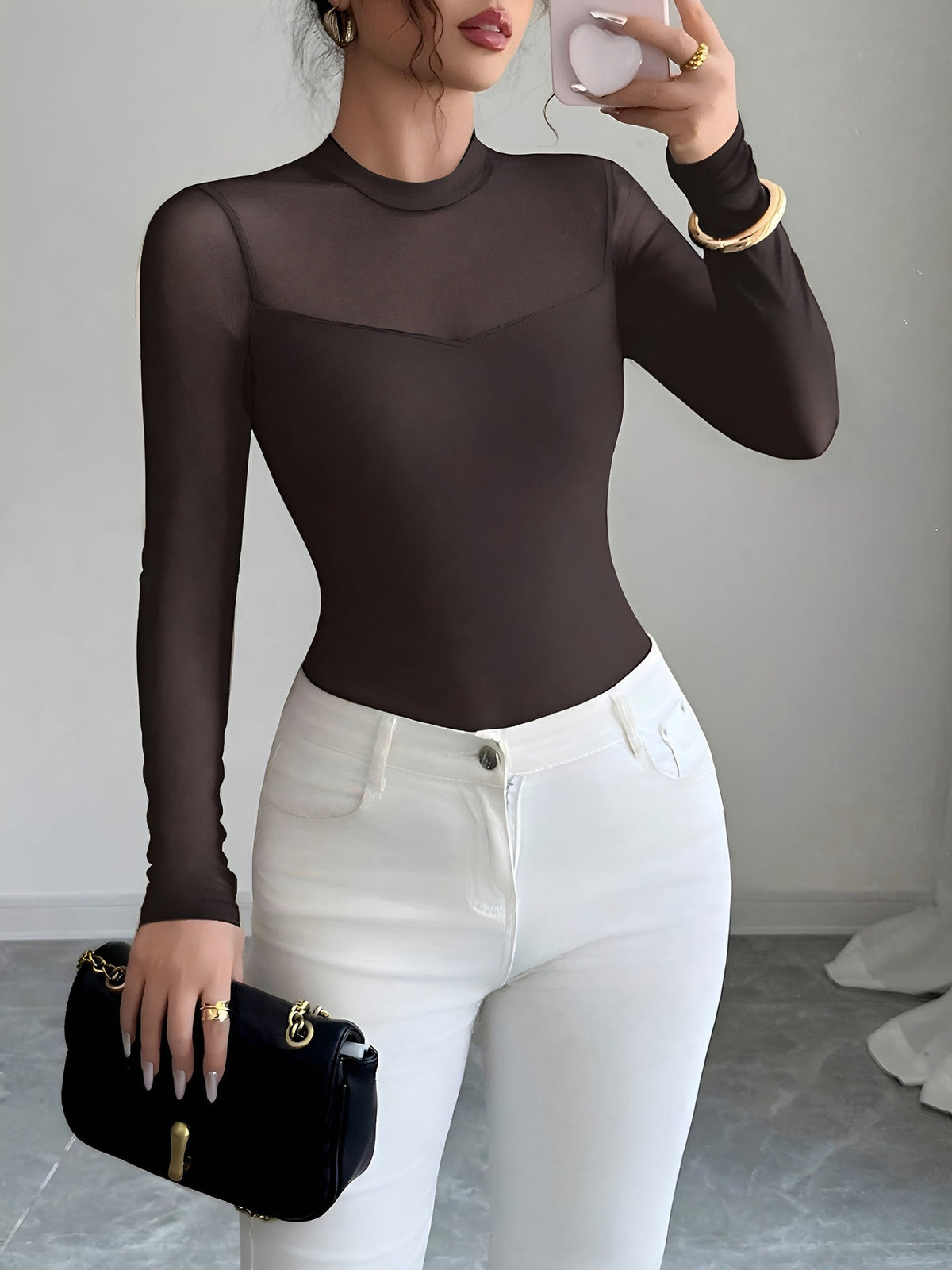 Mock Neck Mesh Sheer Long Sleeves Blouse