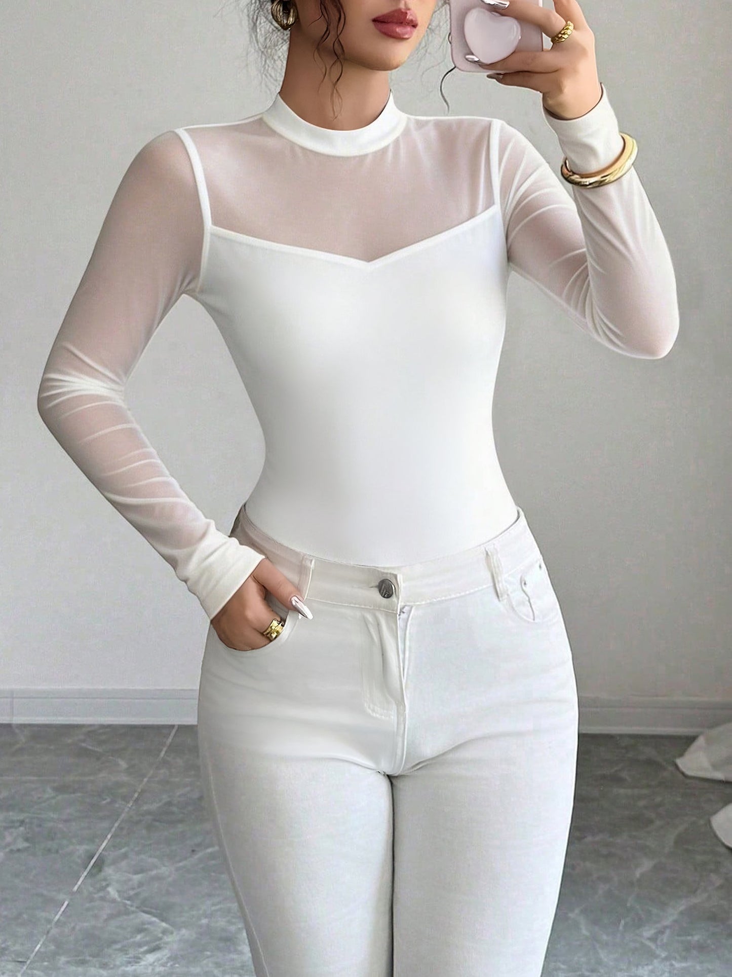 Mock Neck Mesh Sheer Long Sleeves Blouse