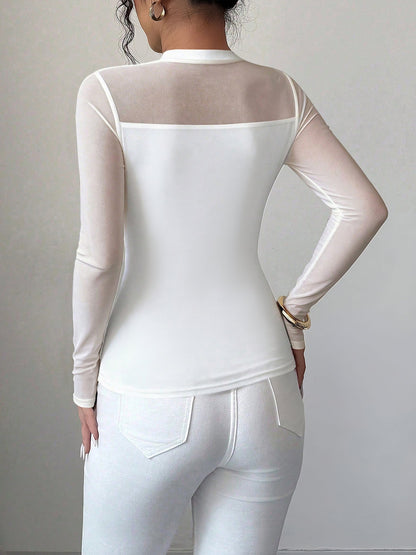 Mock Neck Mesh Sheer Long Sleeves Blouse