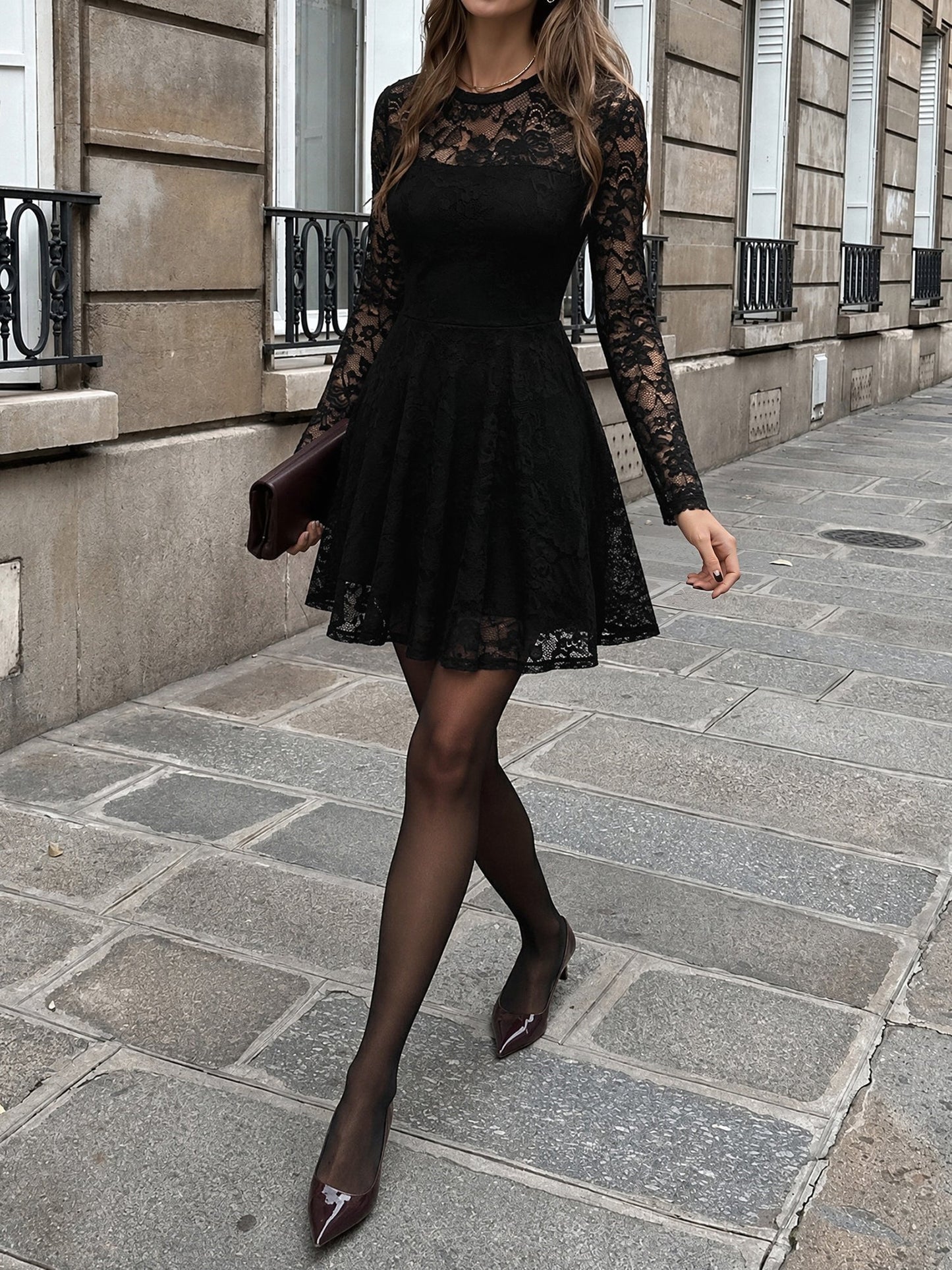 Lace Sheer Illusion Neck Mini A-Line Dress