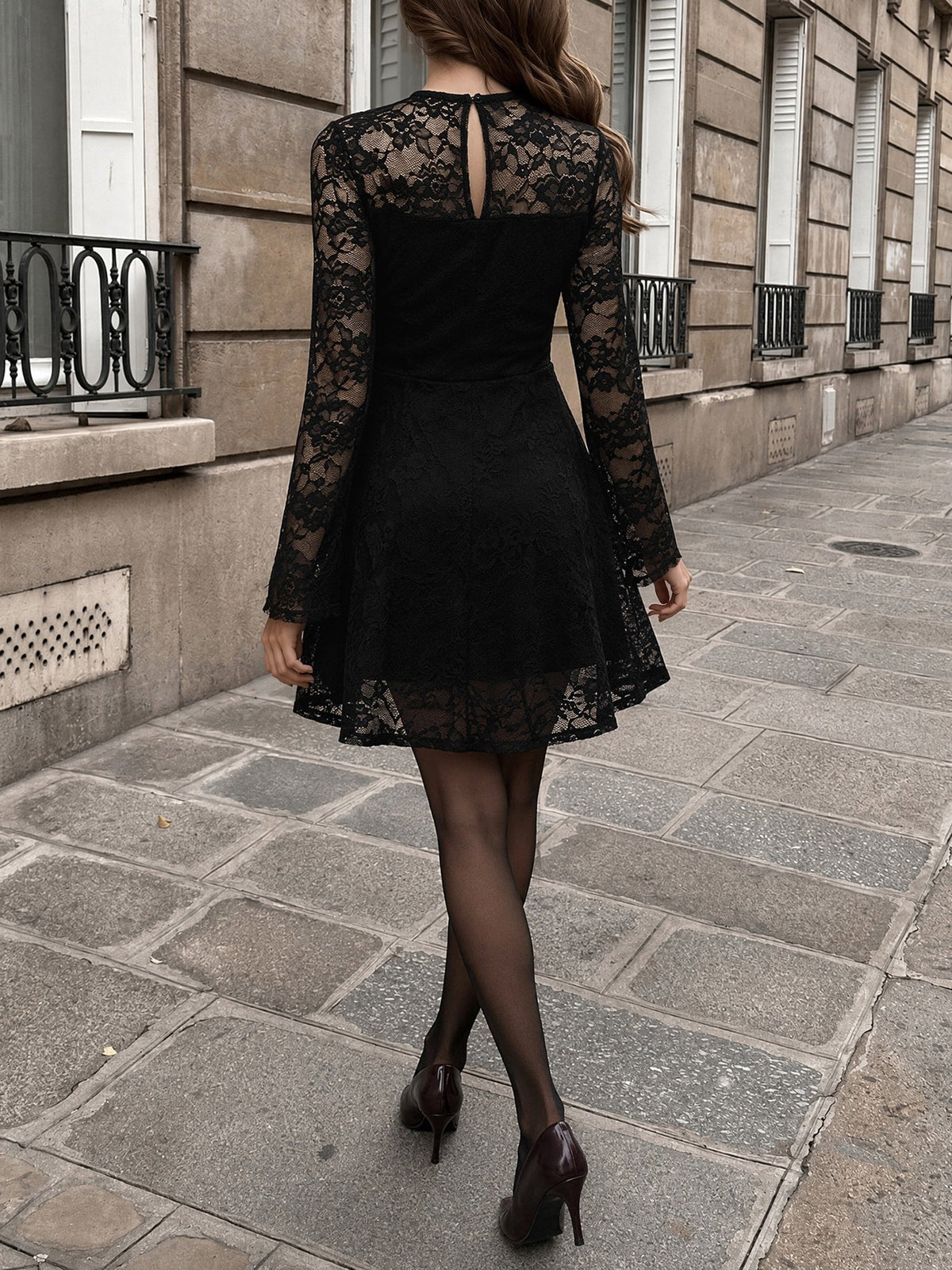 Lace Sheer Illusion Neck Mini A-Line Dress