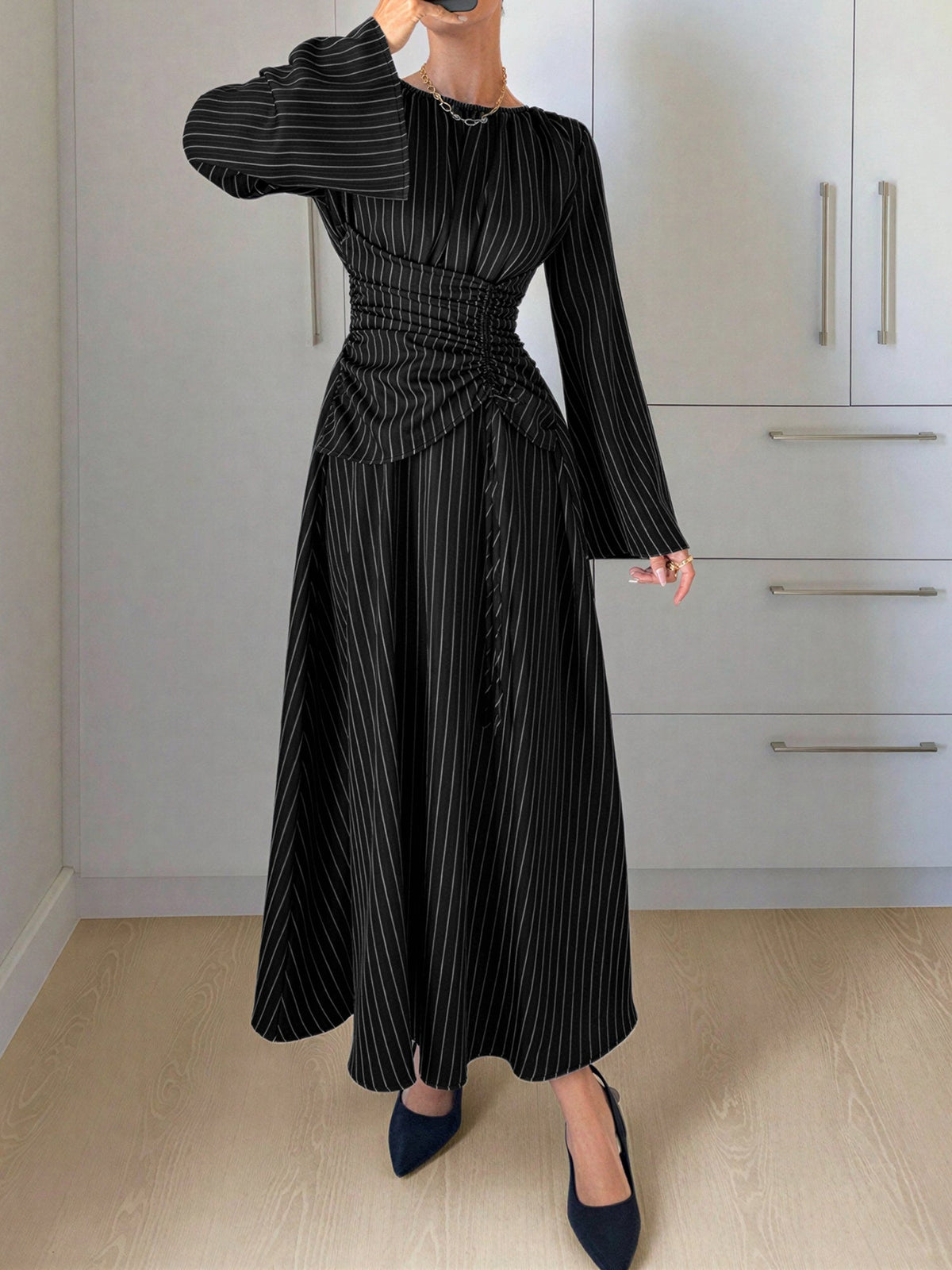 Vertical Striped Long Sleeve Smocked Waist Maxi Dress