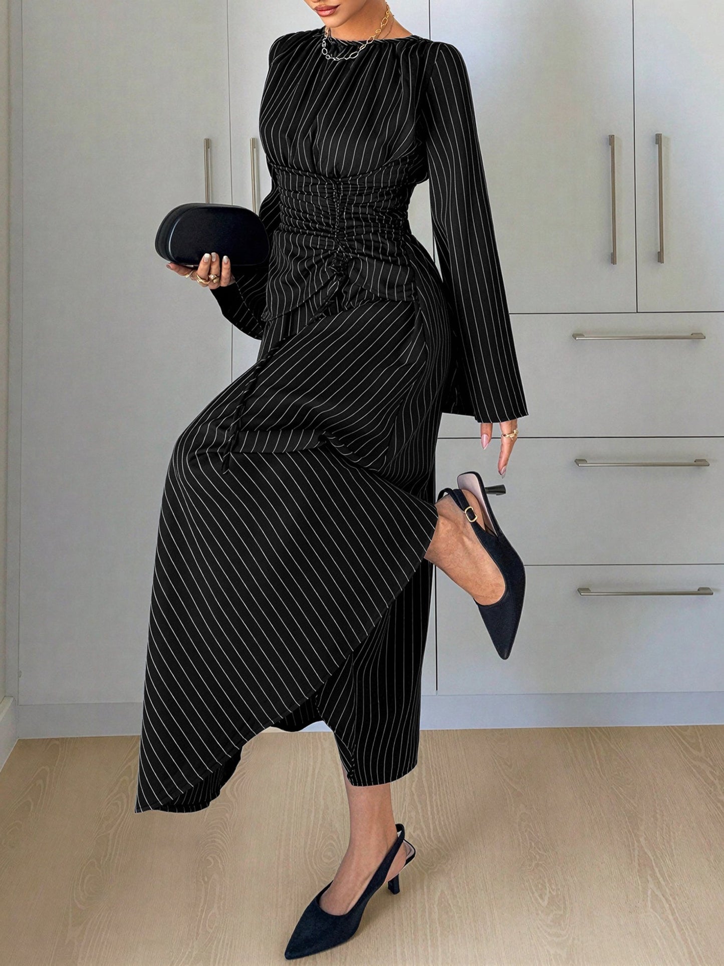 Vertical Striped Long Sleeve Smocked Waist Maxi Dress