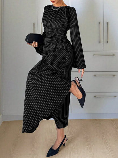 Vertical Striped Long Sleeve Smocked Waist Maxi Dress