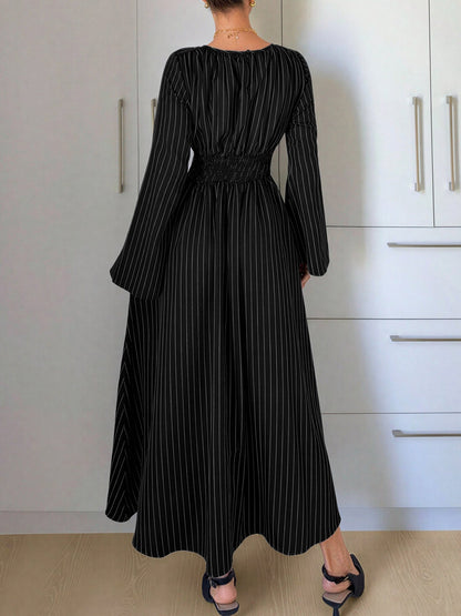 Vertical Striped Long Sleeve Smocked Waist Maxi Dress