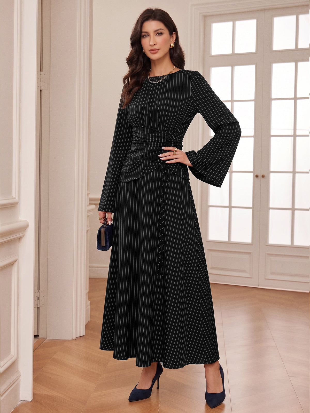 Vertical Striped Long Sleeve Smocked Waist Maxi Dress