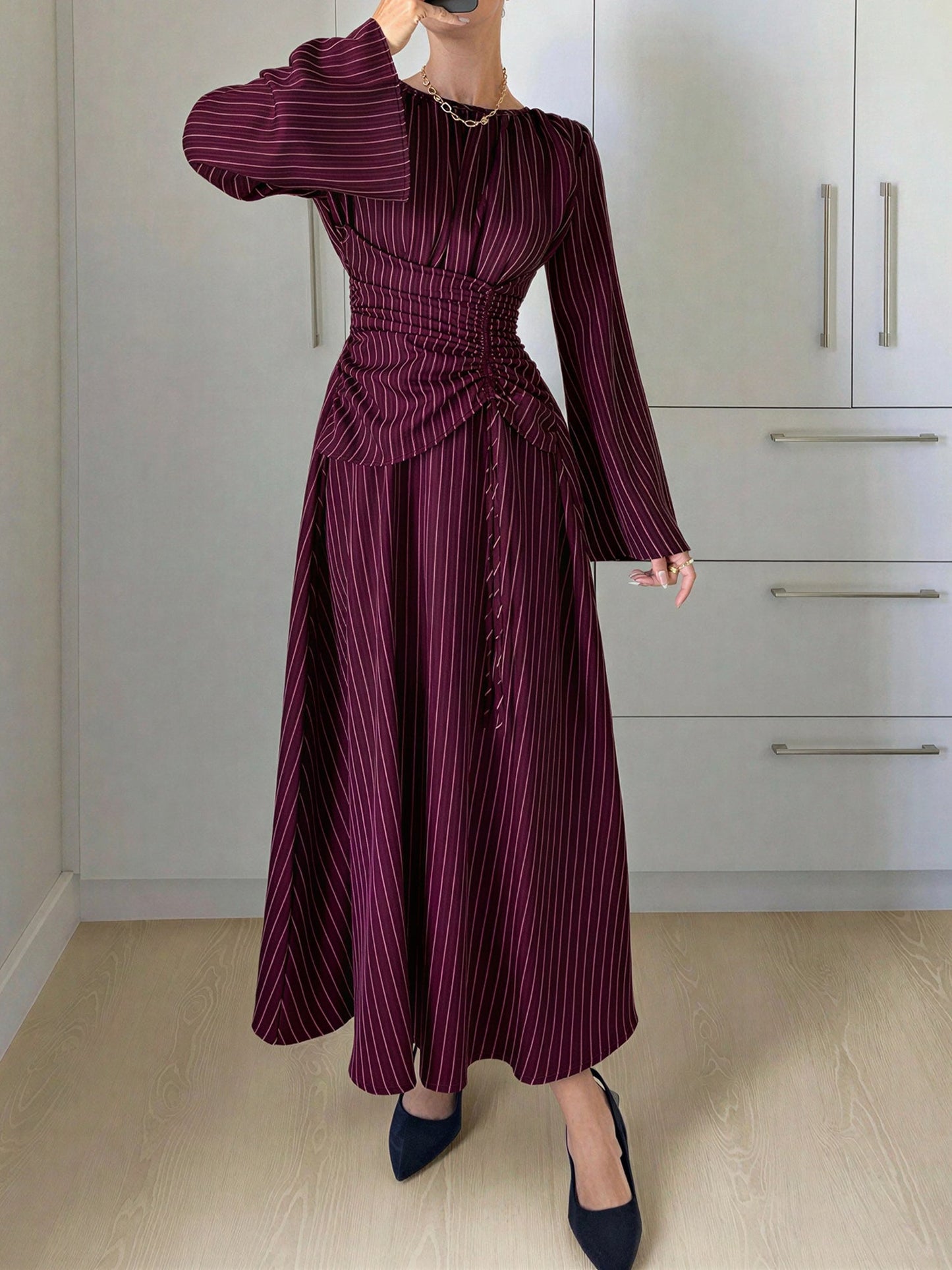 Vertical Striped Long Sleeve Smocked Waist Maxi Dress