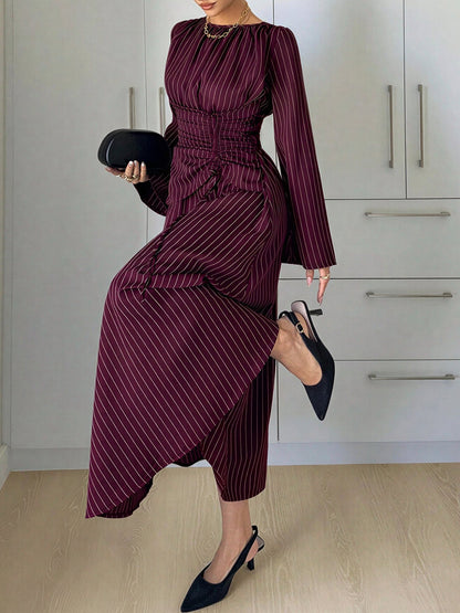 Vertical Striped Long Sleeve Smocked Waist Maxi Dress