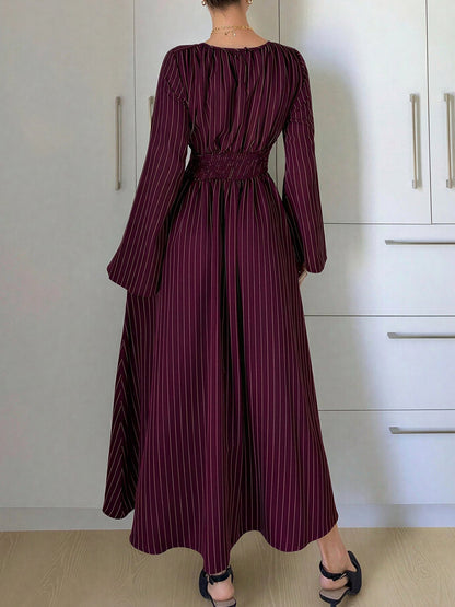 Vertical Striped Long Sleeve Smocked Waist Maxi Dress