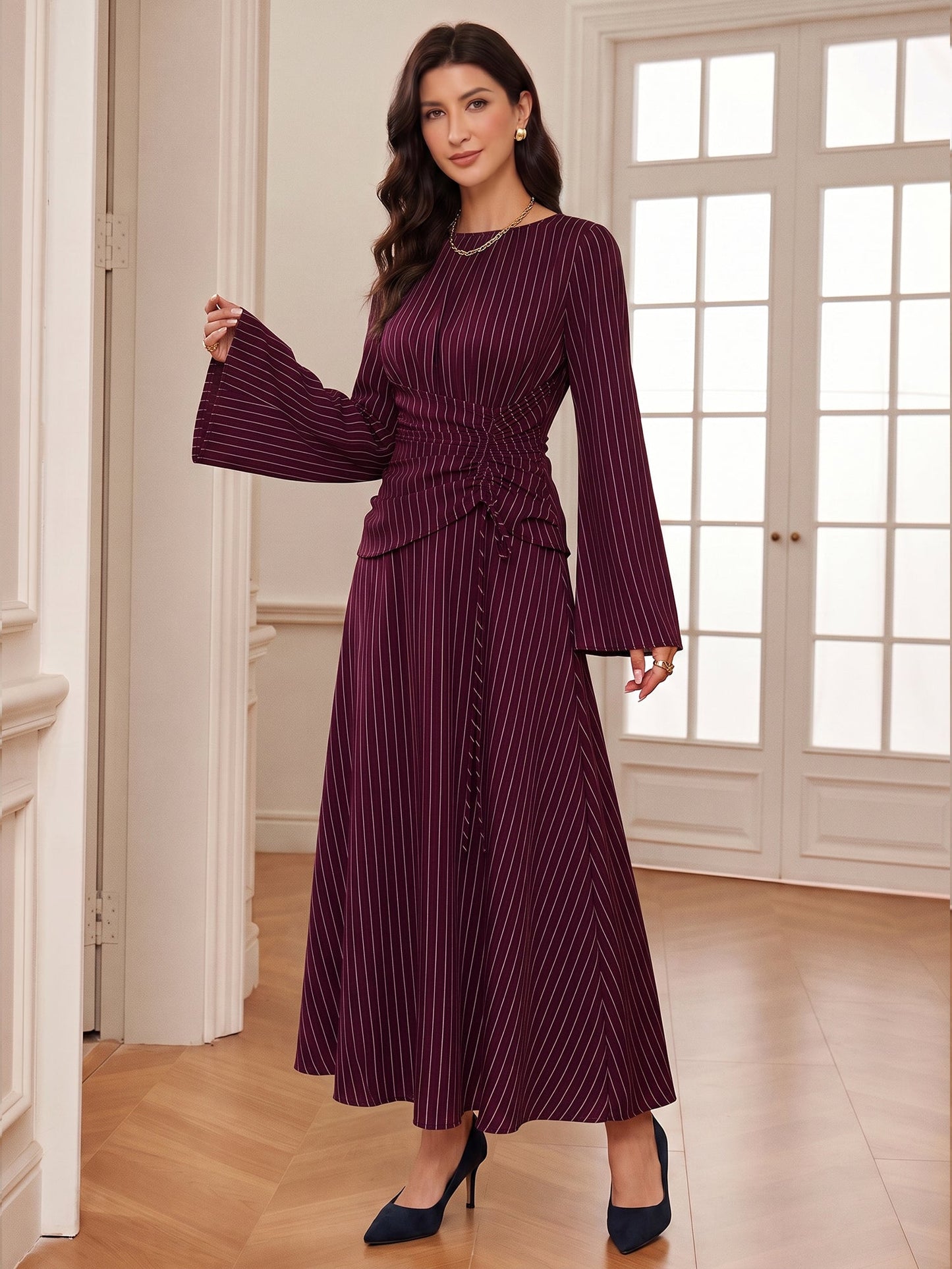 Vertical Striped Long Sleeve Smocked Waist Maxi Dress